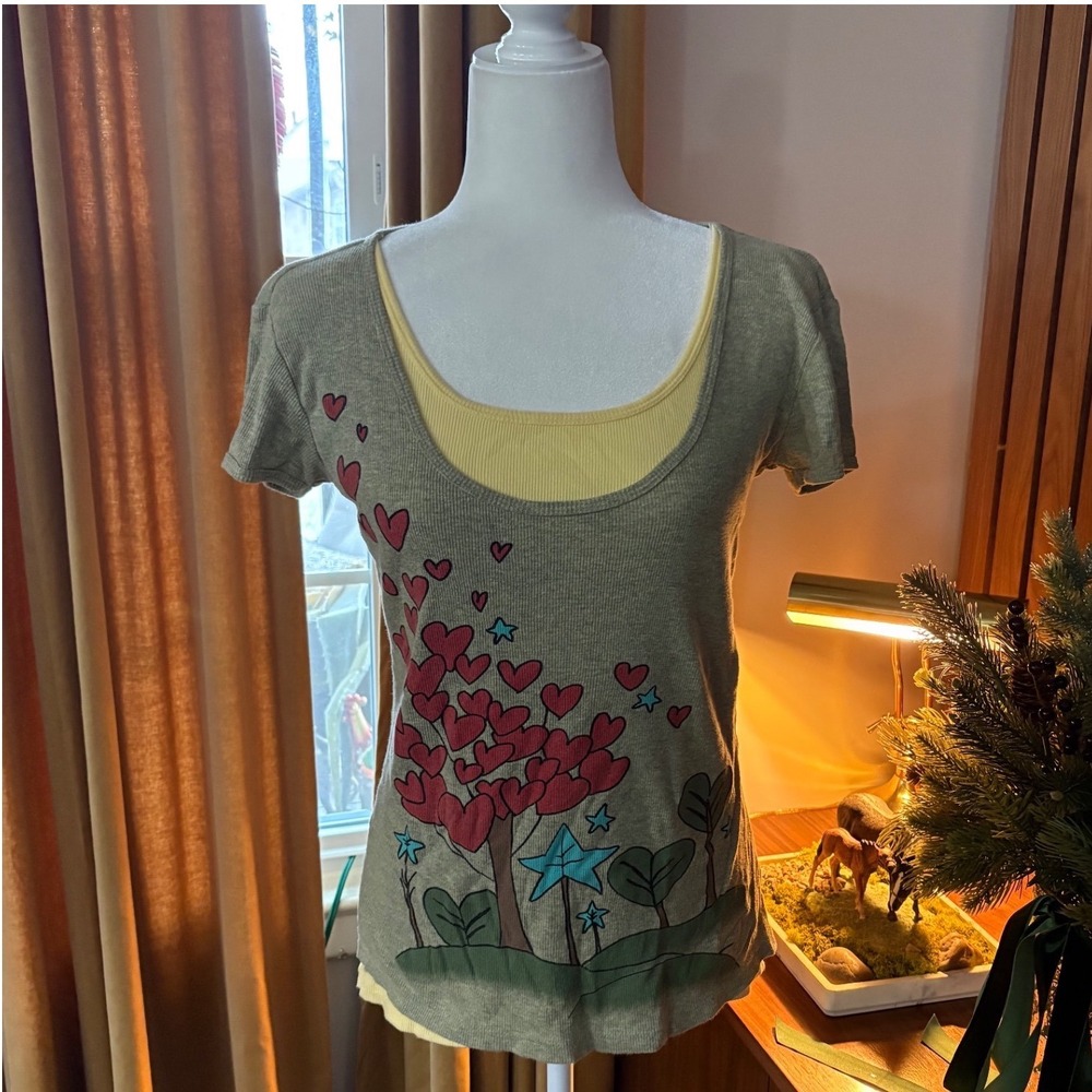L.O.L. Vintage Womens Green‎ Yellow Layered Graphic Heart Tree Ribbed Tee Large